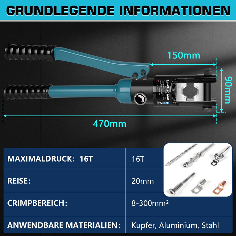 Hydraulische Crimpzange Set 8–300 mm² mit 13 Matrizen & Kabelschneider – Profi - Werkzeug für Elektrik, Industrie & KFZ