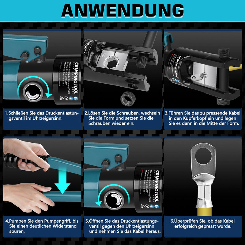 Hydraulische Crimpzange Set 8–300 mm² mit 13 Matrizen & Kabelschneider – Profi - Werkzeug für Elektrik, Industrie & KFZ