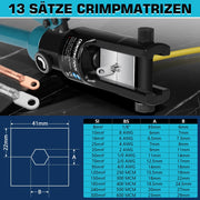 Hydraulische Crimpzange Set 8–300 mm² mit 13 Matrizen & Kabelschneider – Profi - Werkzeug für Elektrik, Industrie & KFZ