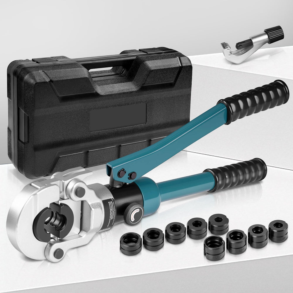 Hydrauliczny zestaw zaciskarki do rur 12–32mm – z 9 szczękami zaciskowymi do profilu V i TH – do rur miedzianych, ze stali nierdzewnej i kompozytowych
