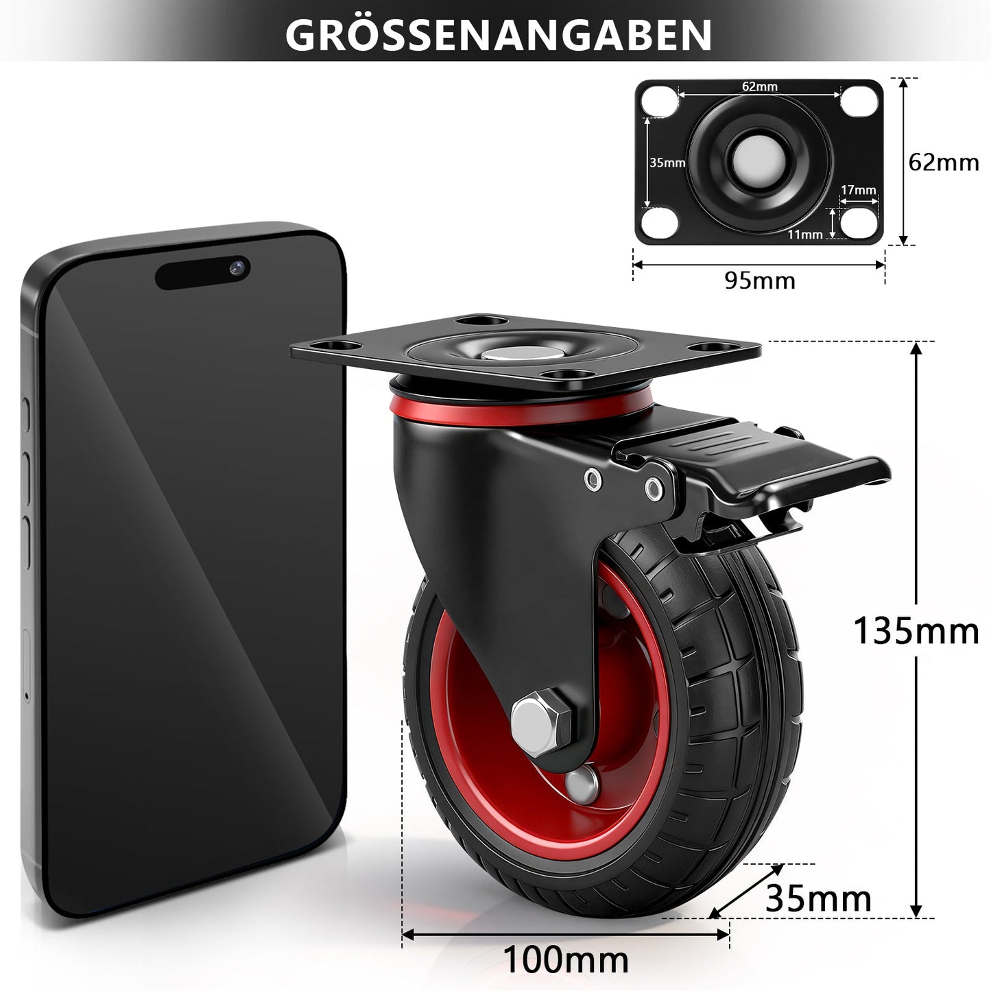 Industrie - Lenkrollen Set 100 mm – Vollgummi, 600 kg Tragfähigkeit, 2 mit Bremse, 360° drehbar