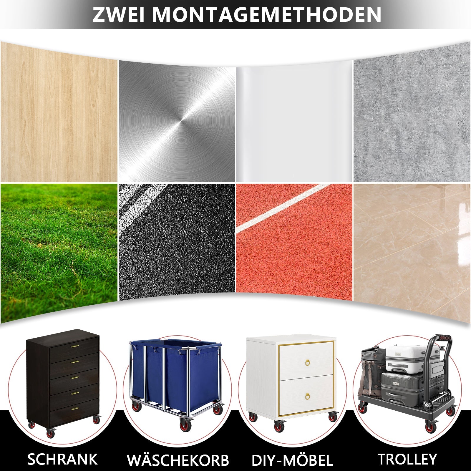 Industrie - Lenkrollen Set 100 mm – Vollgummi, 600 kg Tragfähigkeit, 2 mit Bremse, 360° drehbar