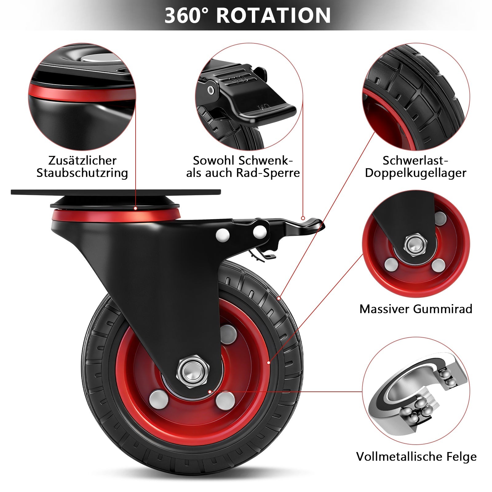 Industrie - Lenkrollen Set 100 mm – Vollgummi, 600 kg Tragfähigkeit, 2 mit Bremse, 360° drehbar