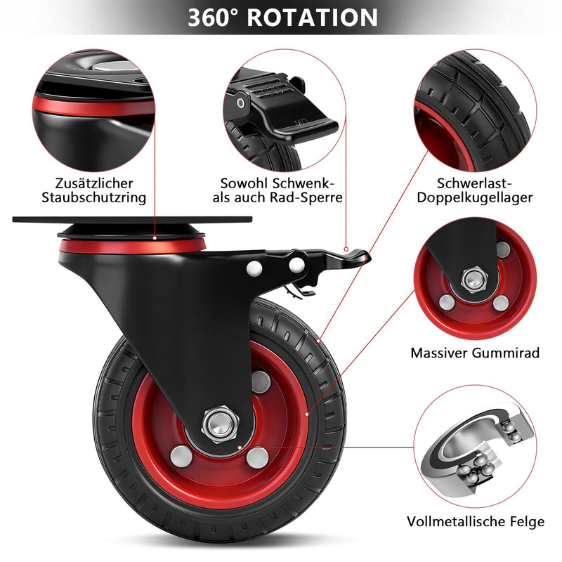 Industrie - Lenkrollen Set 100 mm – Vollgummi, 600 kg Tragfähigkeit, 2 mit Bremse, 360° drehbar