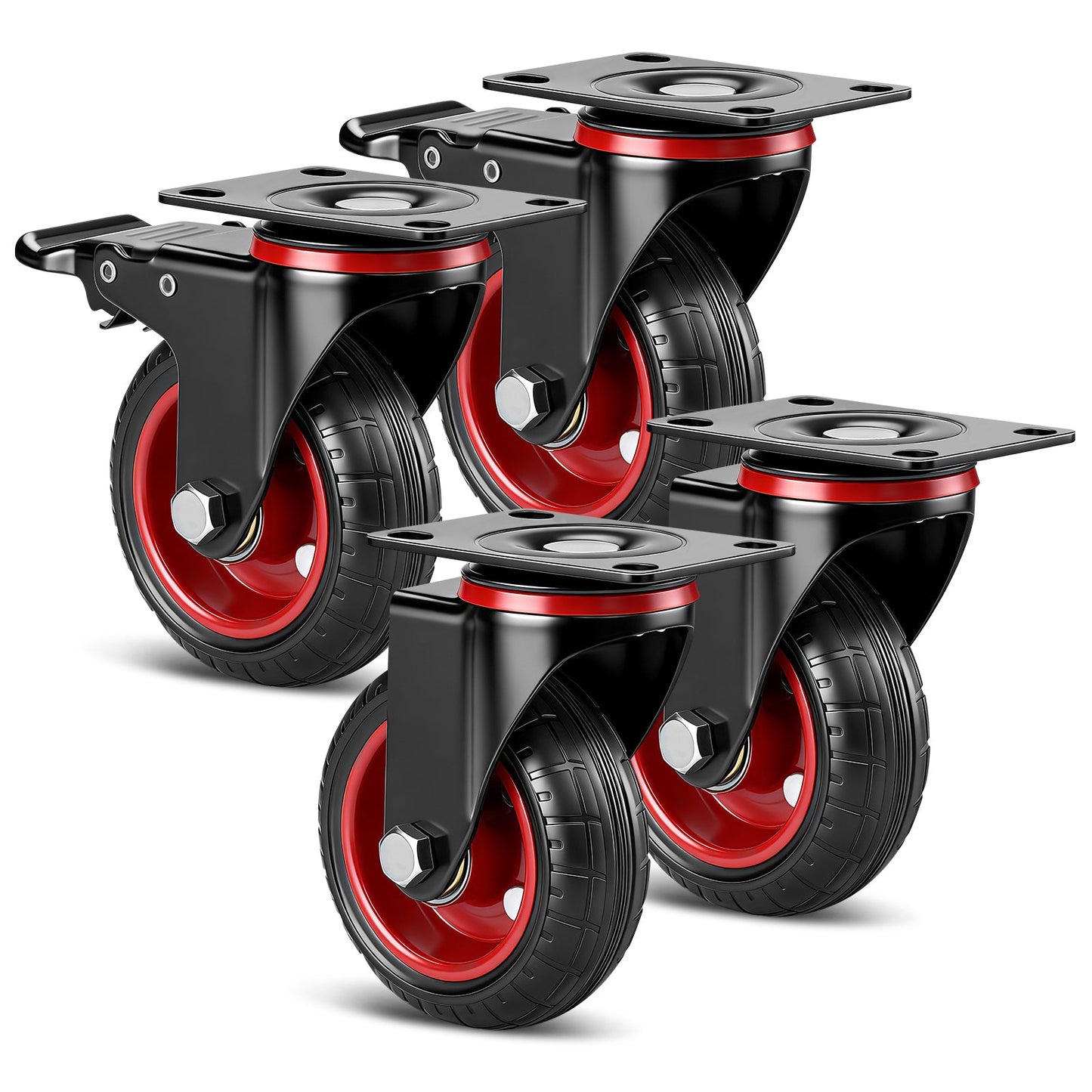 Industrie - Lenkrollen Set 100 mm – Vollgummi, 600 kg Tragfähigkeit, 2 mit Bremse, 360° drehbar