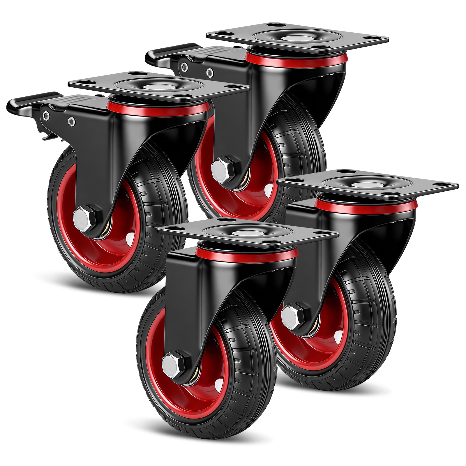 Industrie - Lenkrollen Set 100 mm – Vollgummi, 600 kg Tragfähigkeit, 2 mit Bremse, 360° drehbar