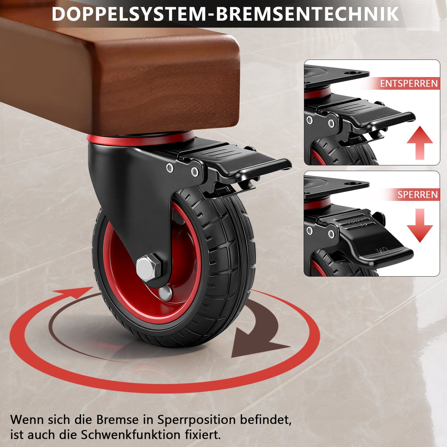Industrie - Lenkrollen Set 100 mm – Vollgummi, 600 kg Tragfähigkeit, 2 mit Bremse, 360° drehbar
