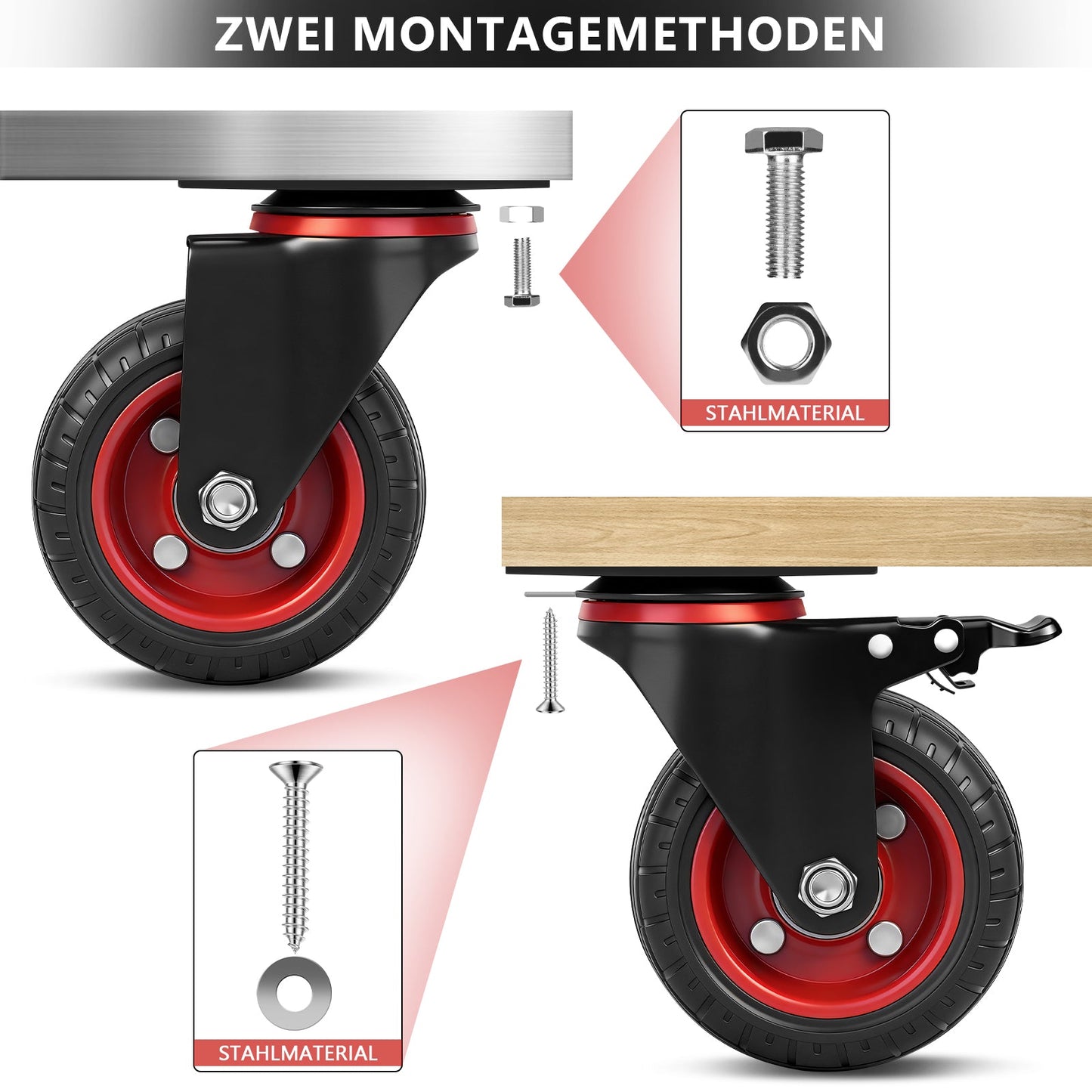 Industrie - Lenkrollen Set 100 mm – Vollgummi, 600 kg Tragfähigkeit, 2 mit Bremse, 360° drehbar