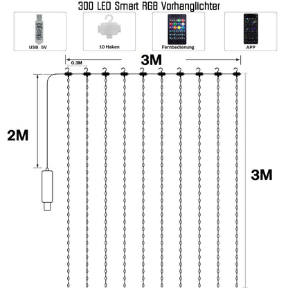 Intelligente Vorhanglichter – 300 LEDs, 3×3 m, 16 Millionen Farben, App &amp; Fernbedienung
