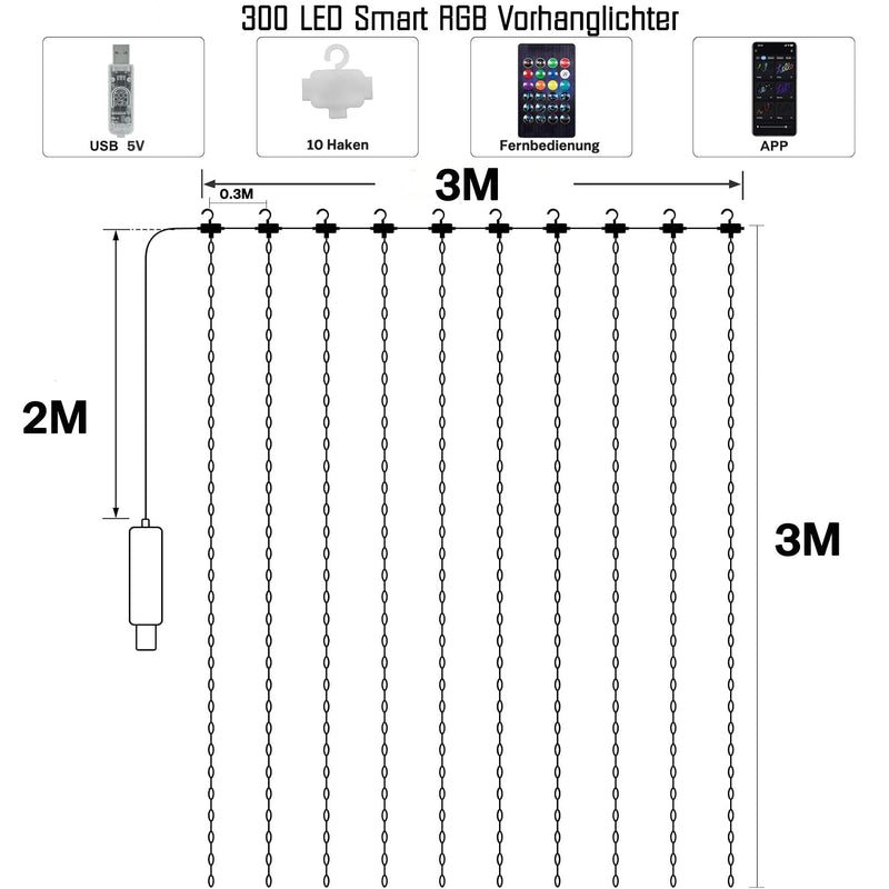 Intelligente Vorhanglichter – 300 LEDs, 3×3 m, 16 Millionen Farben, App &amp; Fernbedienung