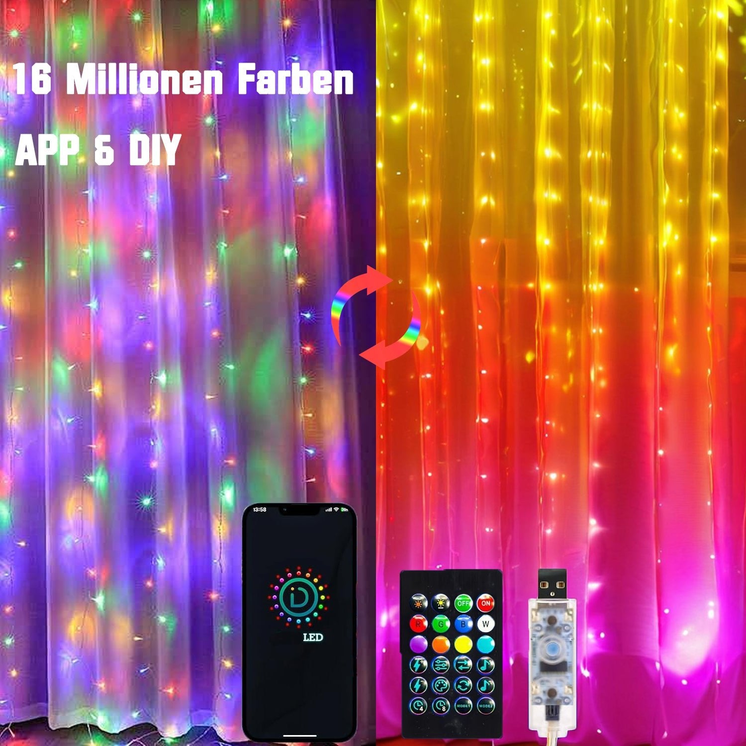 Intelligente Vorhanglichter – 300 LEDs, 3×3 m, 16 Millionen Farben, App &amp; Fernbedienung