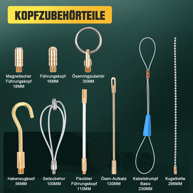 Kabeleinzugshilfe 12 m mit Zubehör | Glasfaser für Kabel 1–4 mm²