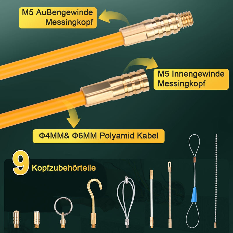 Kabeleinzugshilfe 12 m mit Zubehör | Glasfaser für Kabel 1–4 mm²