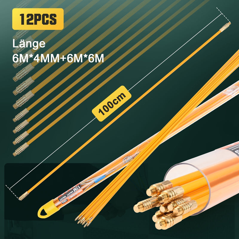 Kabeleinzugshilfe 12 m mit Zubehör | Glasfaser für Kabel 1–4 mm²