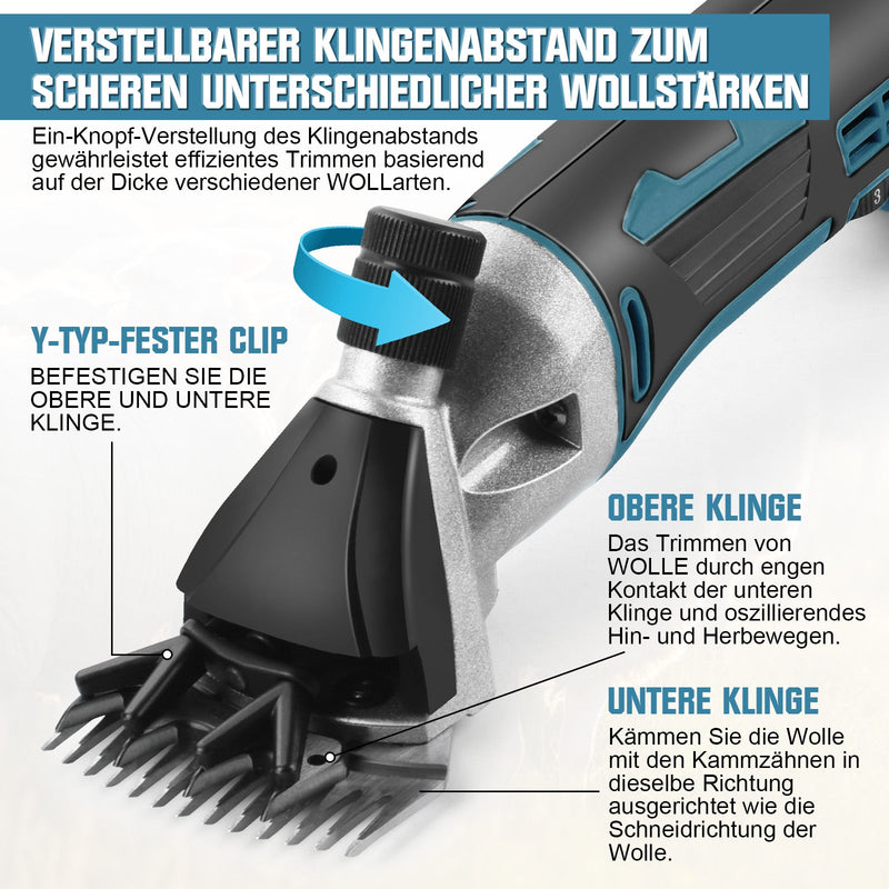 Kabellose Schafschere für dickes Fell – 500W, 2400 U/min, mit Doppel - Akku für präzise Fellpflege bei Schafen und Hunden