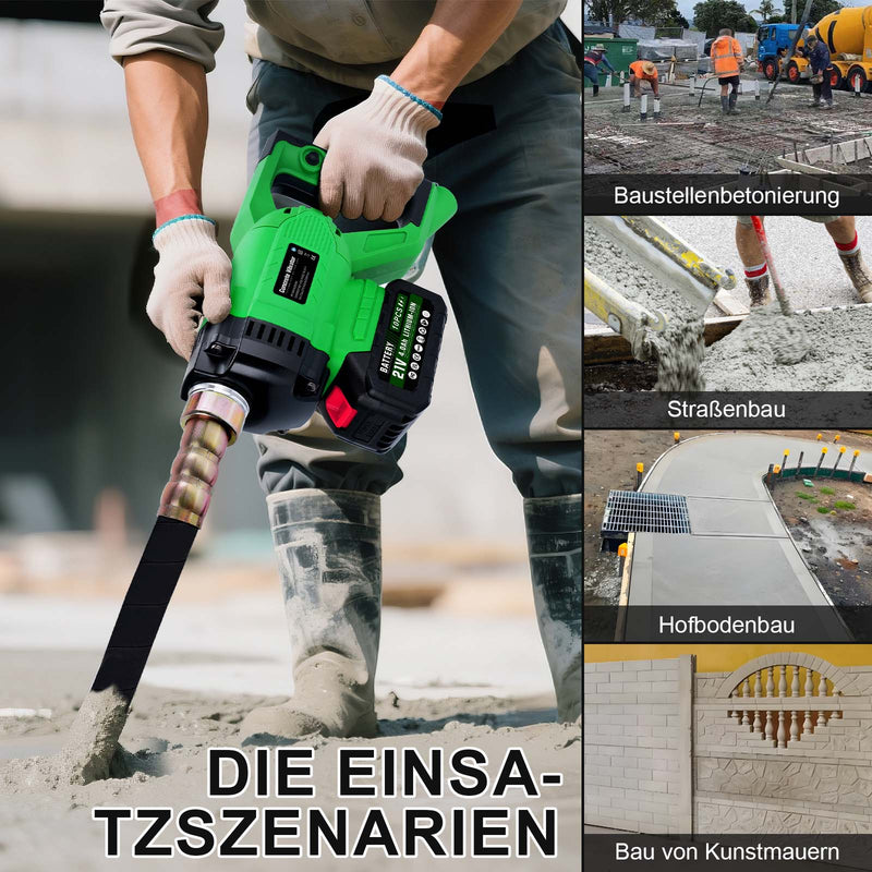 Kabelloser Betonrüttler mit starkem 850W Kupfermotor. Kompatibel mit Makita 18V Akkus. Für dichten, stabilen Beton.