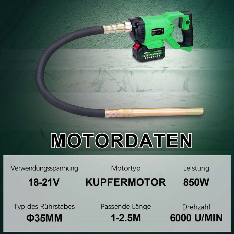 Kabelloser Betonrüttler mit starkem 850W Kupfermotor. Kompatibel mit Makita 18V Akkus. Für dichten, stabilen Beton.