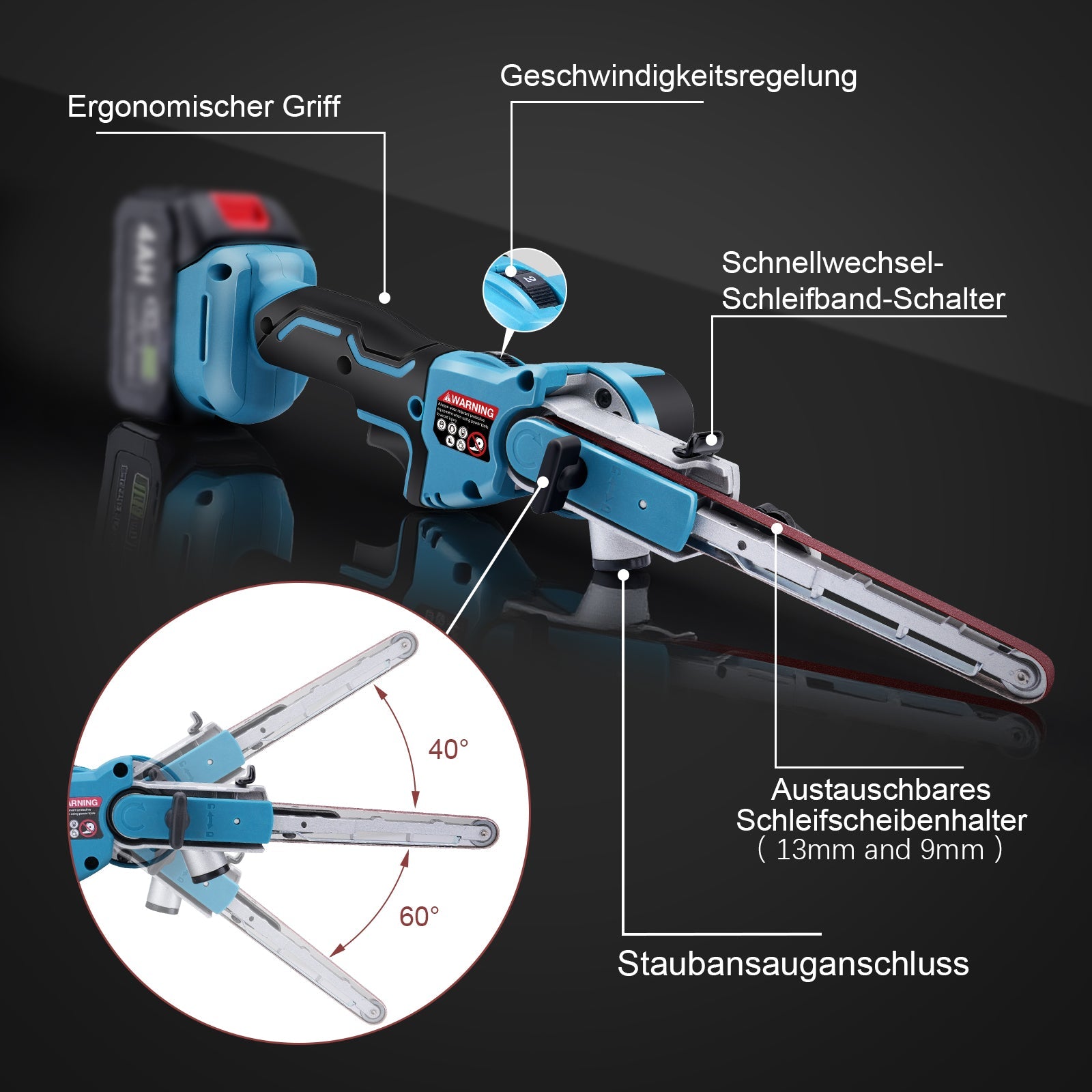 Kabelloser Mini - Bandschleifer 18V mit 6 Geschwindigkeiten & Staubanschluss