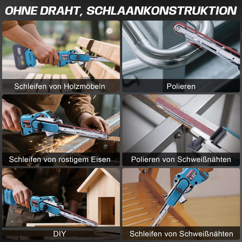 Kabelloser Mini - Bandschleifer 6 Stufen | 100° Schwenkbares Schleifband | Für Holz & Metall | Akku 18V kompatibel