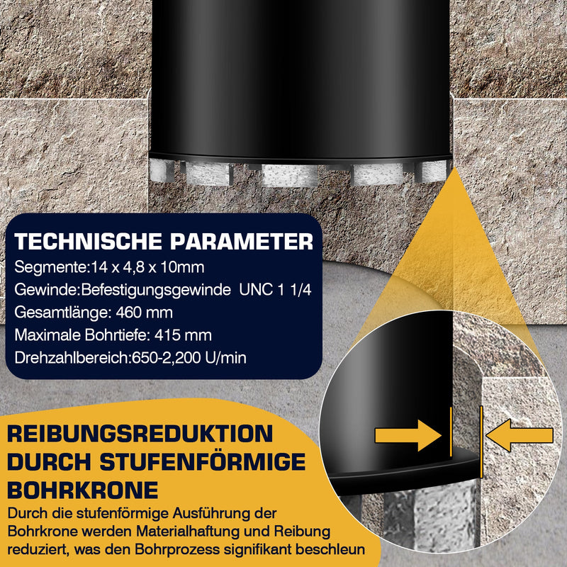 Kernbohrer Stahlbeton Diamant – Nassbohren, Stufenkrone, Ø25 mm+ Stahl, 460 mm