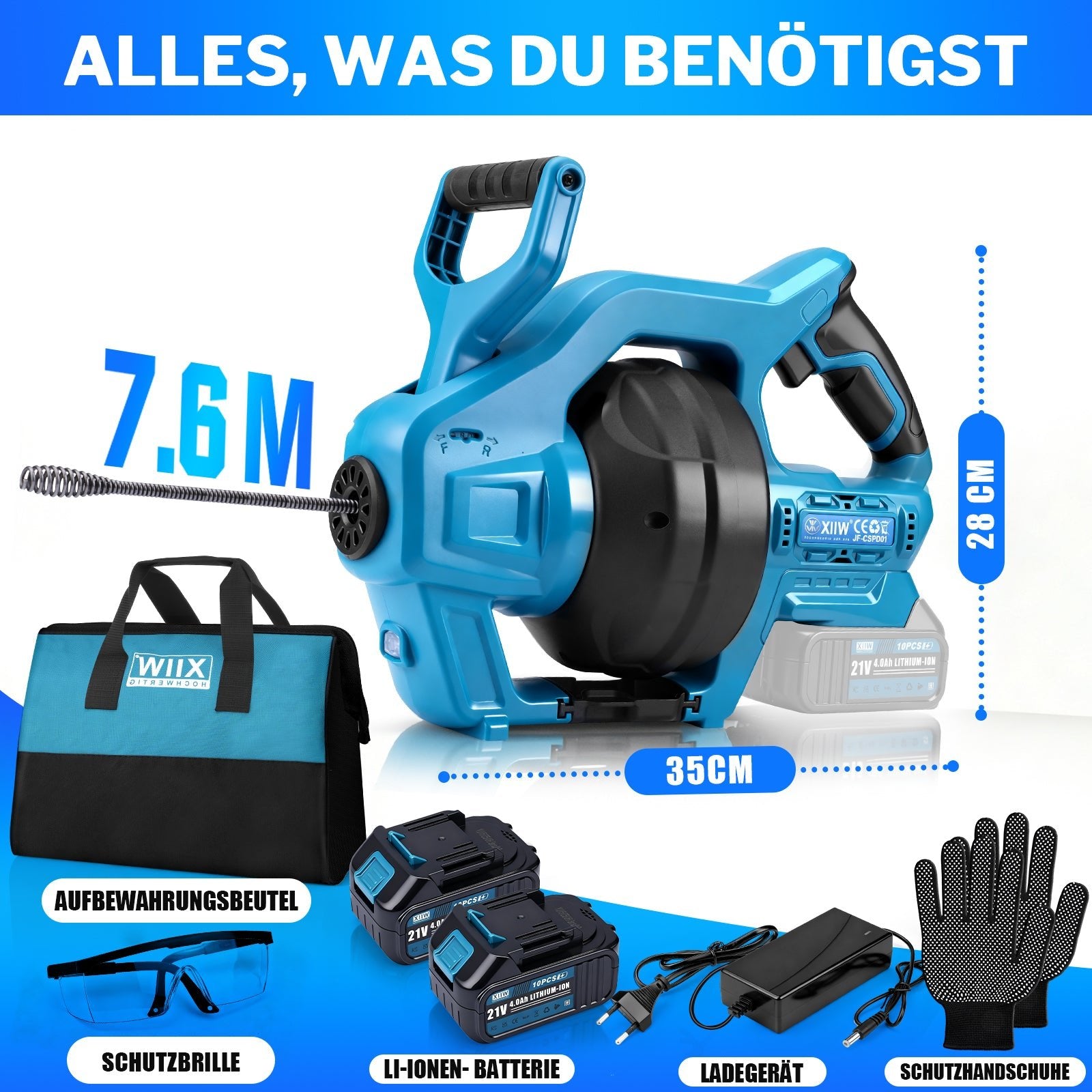 Kraftvoller 20V Akku Rohrreinigungsgerät - flexibel, mit stufenloser Drehzahlregelung