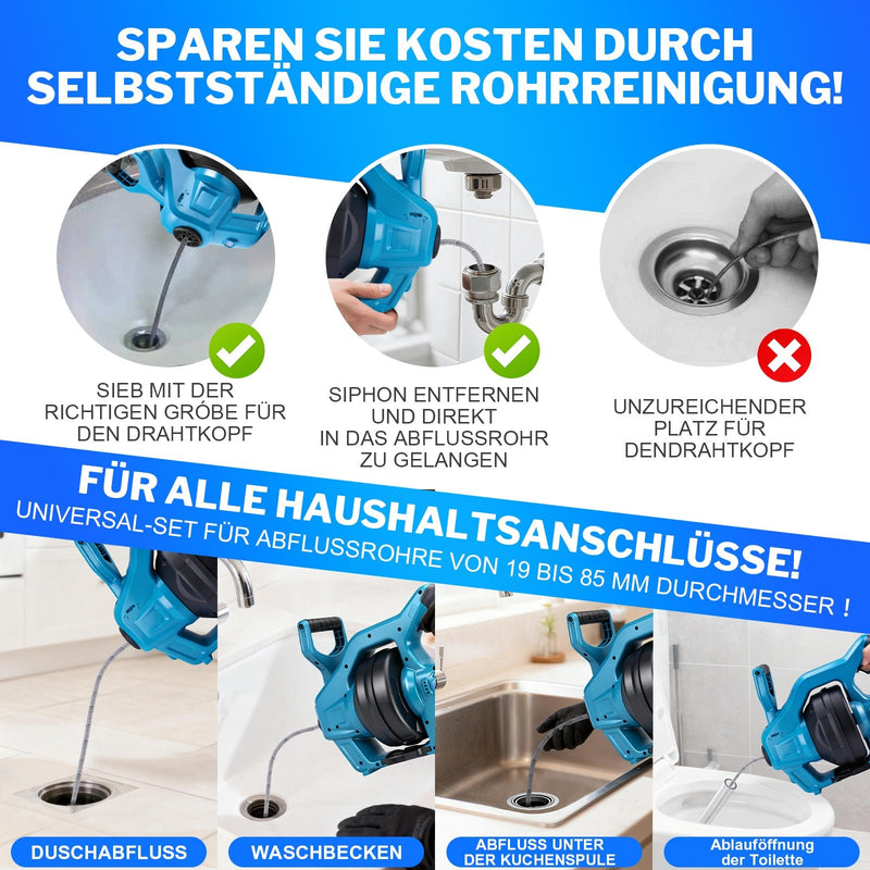 Kraftvoller 20V Akku Rohrreinigungsgerät - flexibel, mit stufenloser Drehzahlregelung