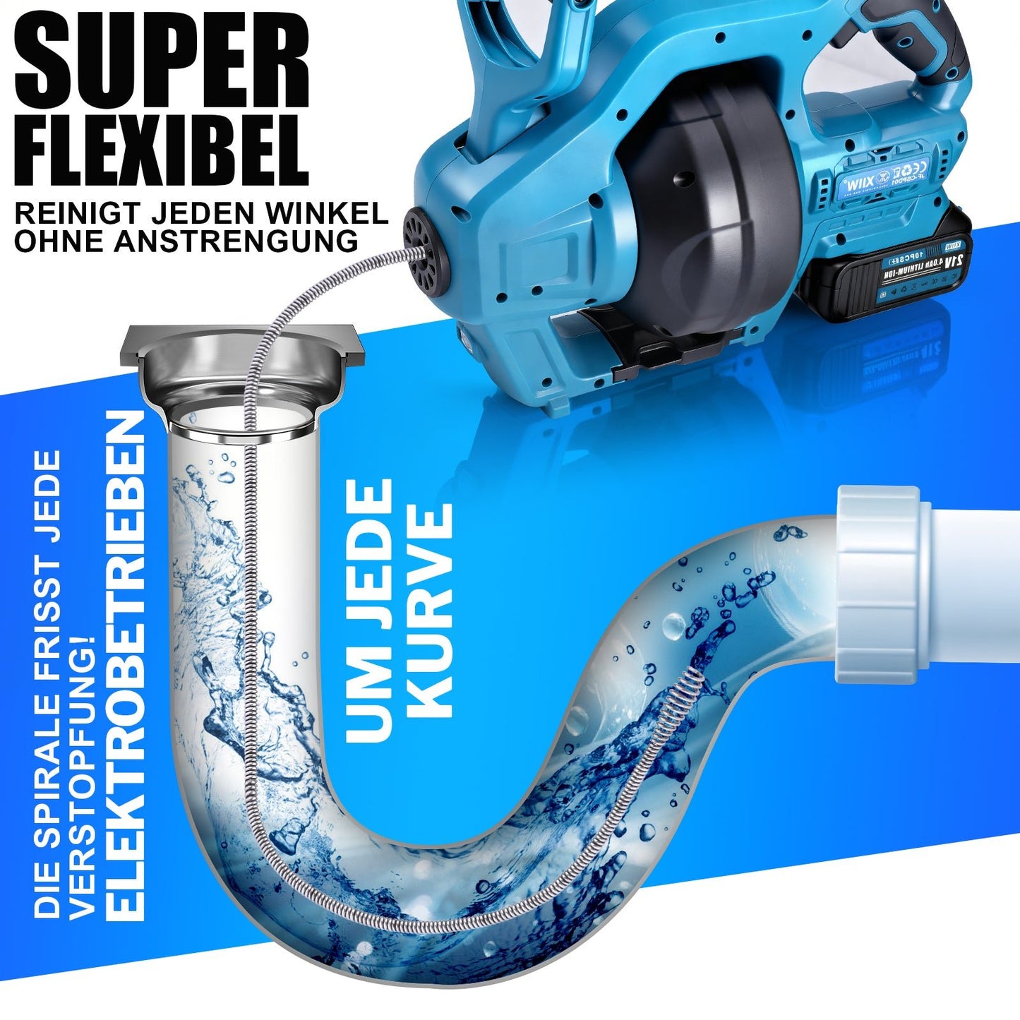 Kraftvoller 20V Akku Rohrreinigungsgerät - flexibel, mit stufenloser Drehzahlregelung