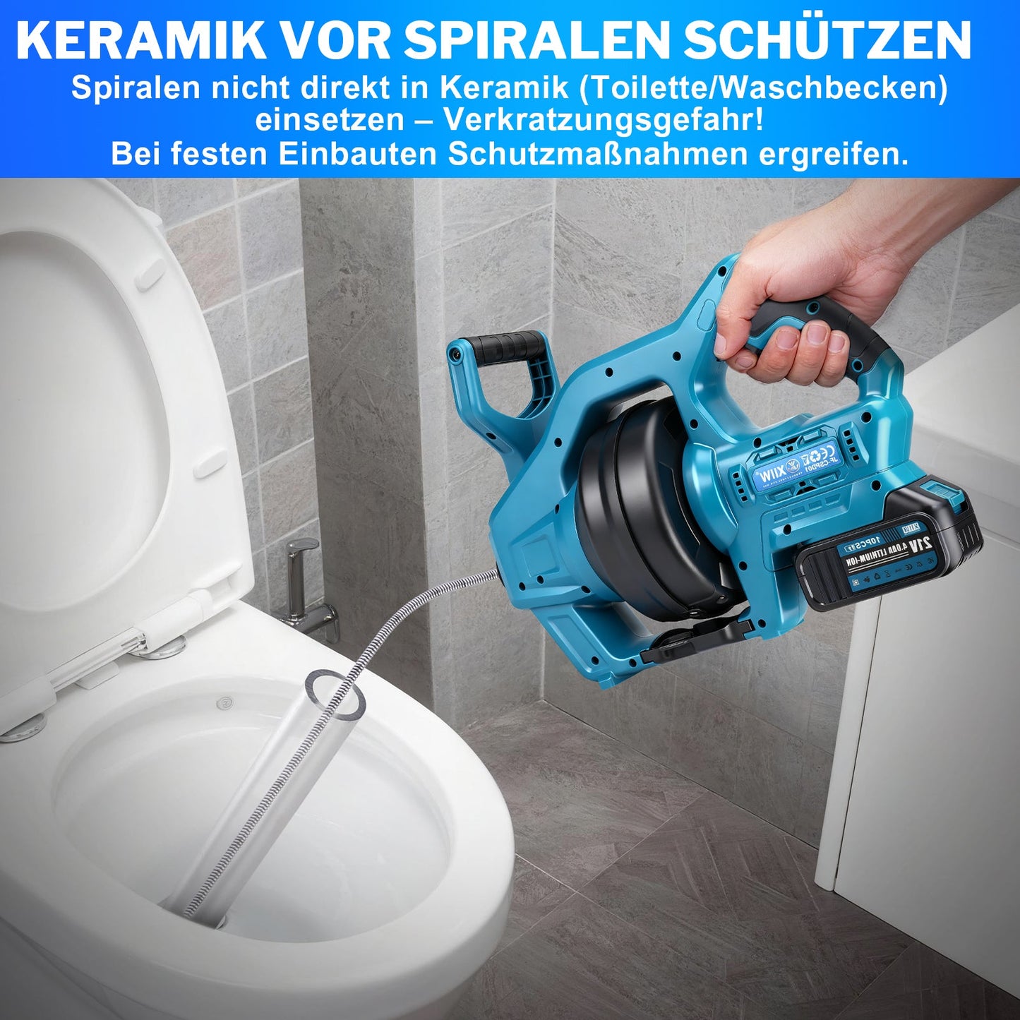 Kraftvoller 20V Akku Rohrreinigungsgerät - flexibel, mit stufenloser Drehzahlregelung