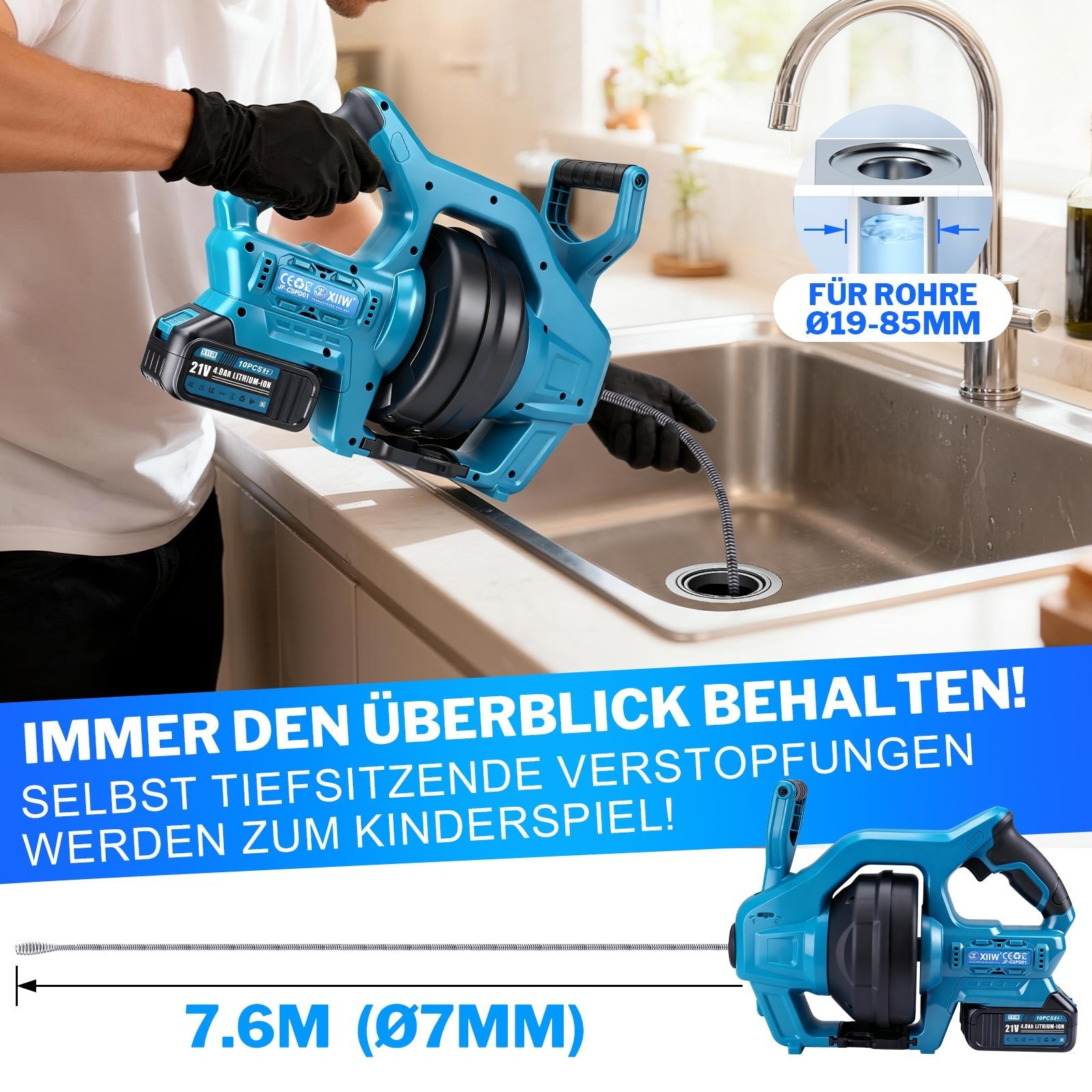 Kraftvoller 20V Akku Rohrreinigungsgerät - flexibel, mit stufenloser Drehzahlregelung