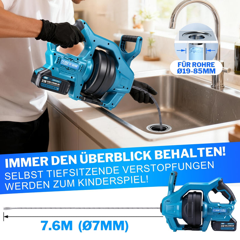 Kraftvoller 20V Akku Rohrreinigungsgerät - flexibel, mit stufenloser Drehzahlregelung