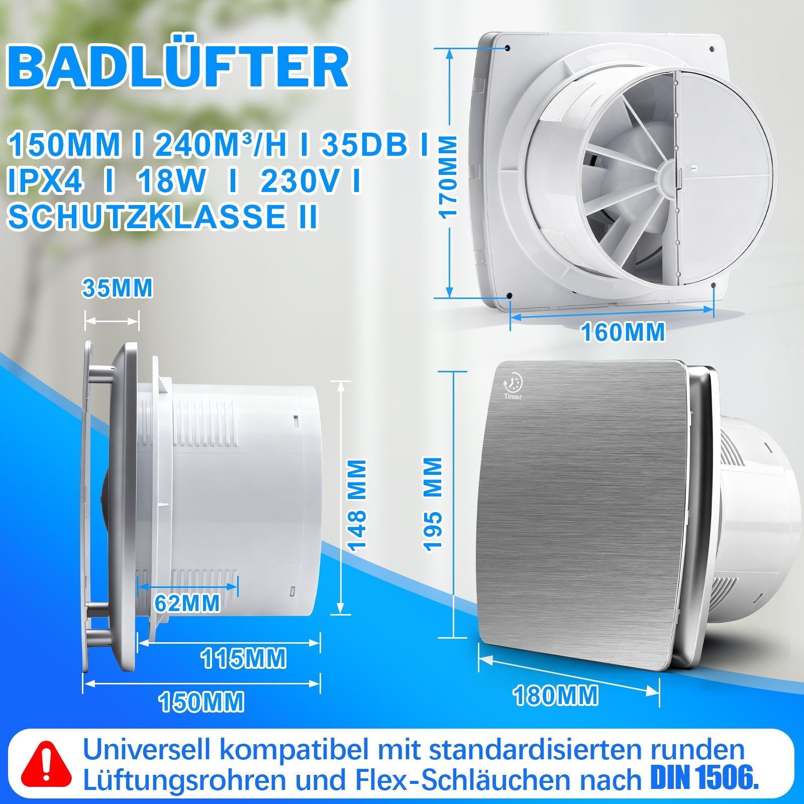 Leiser Abluftventilator 150mm, 240 m³/h mit Feuchtigkeitssensor & IPX4 Schutz, Nachlauffunktion und Rückstauklappe für Bad & Küche