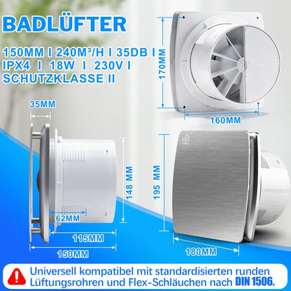 Leiser Abluftventilator 150mm, 240 m³/h mit Feuchtigkeitssensor & IPX4 Schutz, Nachlauffunktion und Rückstauklappe für Bad & Küche