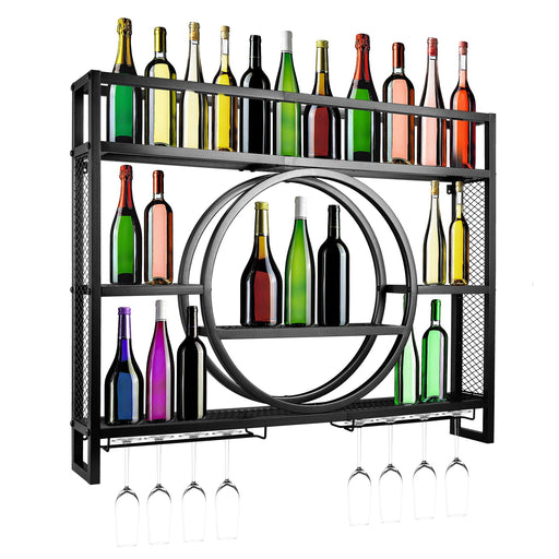 Luxus Schwarz Metall Weinregal| Wandmontage mit Glasaufhängung – Barregal für Küche & Wohnzimmer