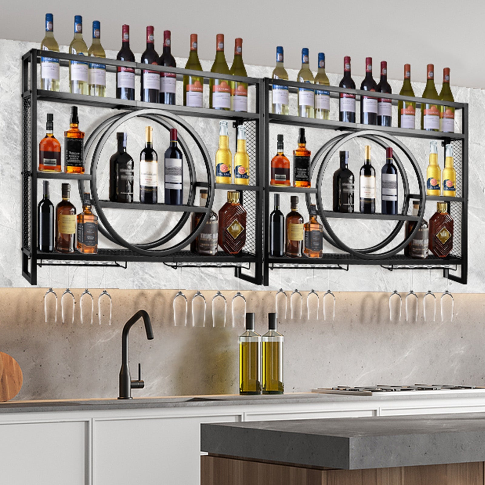 Luxus Schwarz Metall Weinregal| Wandmontage mit Glasaufhängung – Barregal für Küche & Wohnzimmer