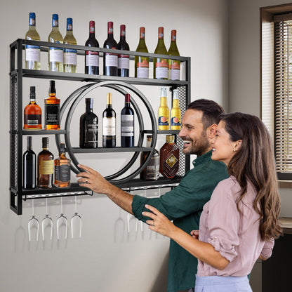 Luxus Schwarz Metall Weinregal| Wandmontage mit Glasaufhängung – Barregal für Küche & Wohnzimmer