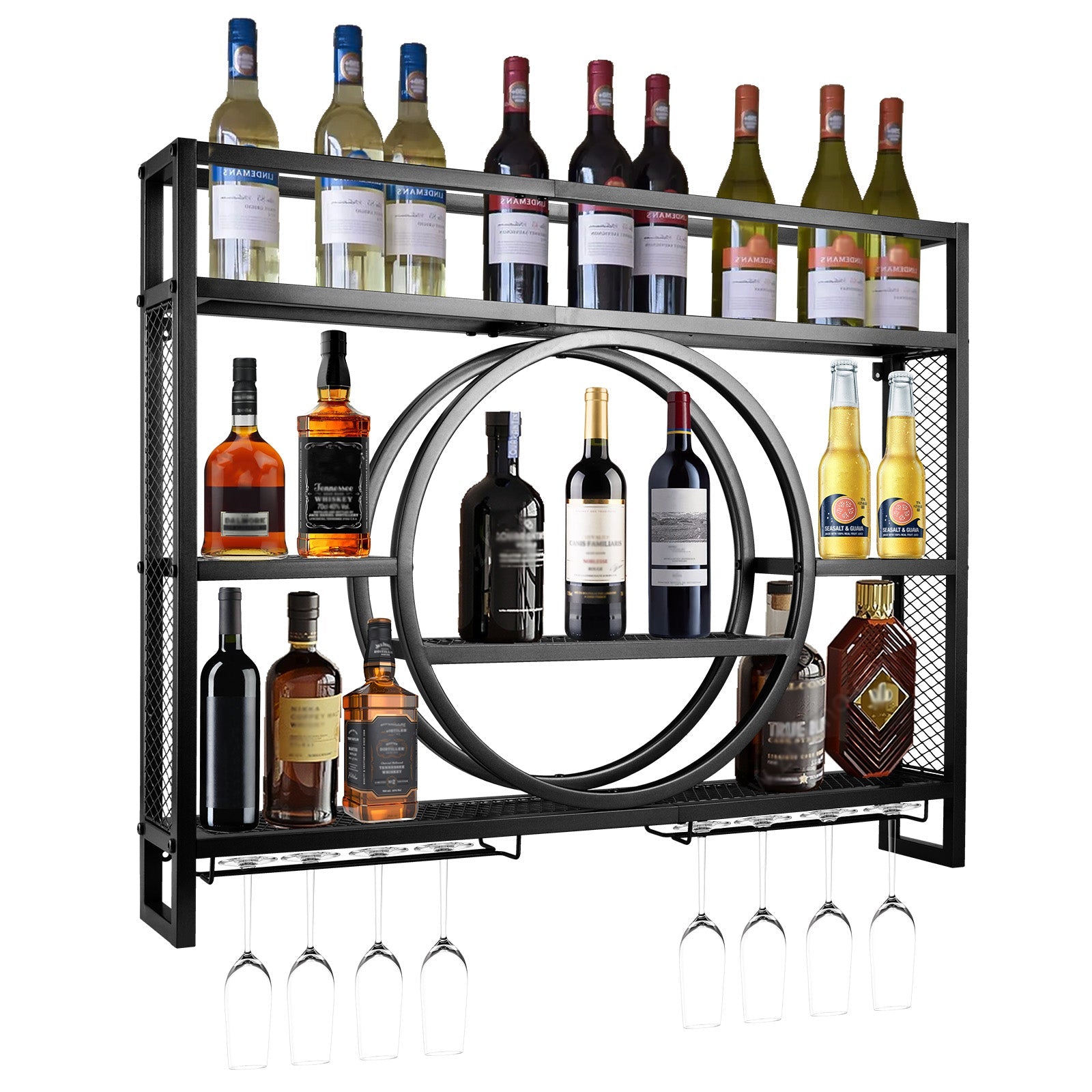 Luxus Schwarz Metall Weinregal| Wandmontage mit Glasaufhängung – Barregal für Küche & Wohnzimmer