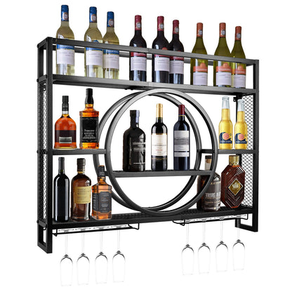 Luxus Schwarz Metall Weinregal| Wandmontage mit Glasaufhängung – Barregal für Küche & Wohnzimmer