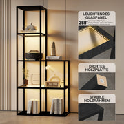 Massivholz Regal mit LED Beleuchtung – Zwei gehärtete Glasablagen, dimmbar, platzsparend, modern für Wohnzimmer oder Büro