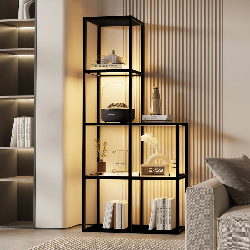 Massivholz Regal mit LED Beleuchtung – Zwei gehärtete Glasablagen, dimmbar, platzsparend, modern für Wohnzimmer oder Büro