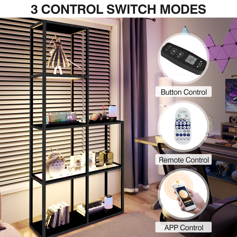 Massivholz Regal mit LED Beleuchtung – Zwei gehärtete Glasablagen, dimmbar, platzsparend, modern für Wohnzimmer oder Büro