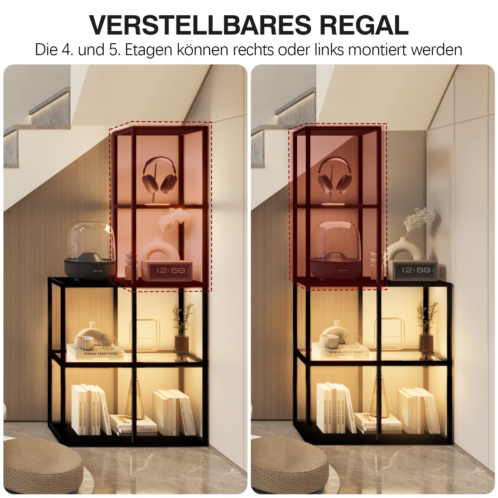 Massivholz Regal mit LED Beleuchtung – Zwei gehärtete Glasablagen, dimmbar, platzsparend, modern für Wohnzimmer oder Büro