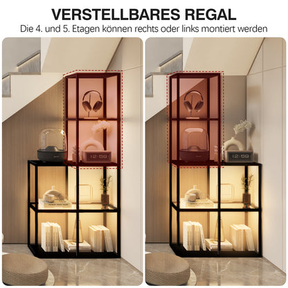 Massivholz Regal mit LED Beleuchtung – Zwei gehärtete Glasablagen, dimmbar, platzsparend, modern für Wohnzimmer oder Büro