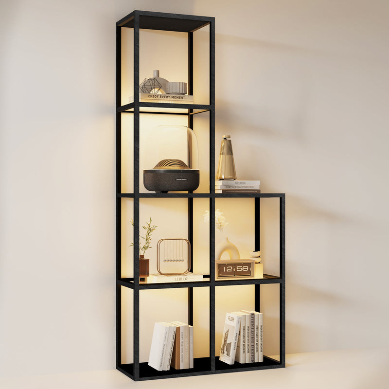 Massivholz Regal mit LED Beleuchtung – Zwei gehärtete Glasablagen, dimmbar, platzsparend, modern für Wohnzimmer oder Büro