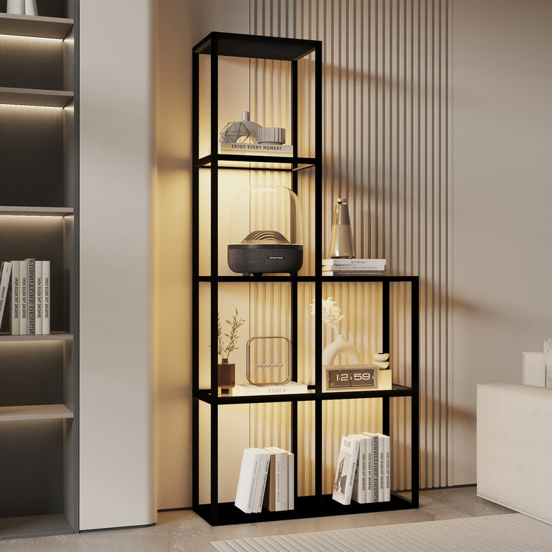 Massivholz Regal mit LED Beleuchtung – Zwei gehärtete Glasablagen, dimmbar, platzsparend, modern für Wohnzimmer oder Büro