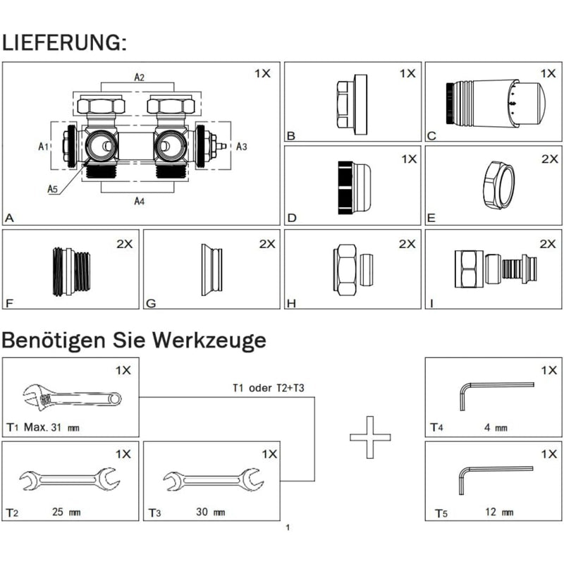Messing Heizkörper Ventilset Schwarz mit Thermostat – 1/2" & 3/4" Anschlüsse