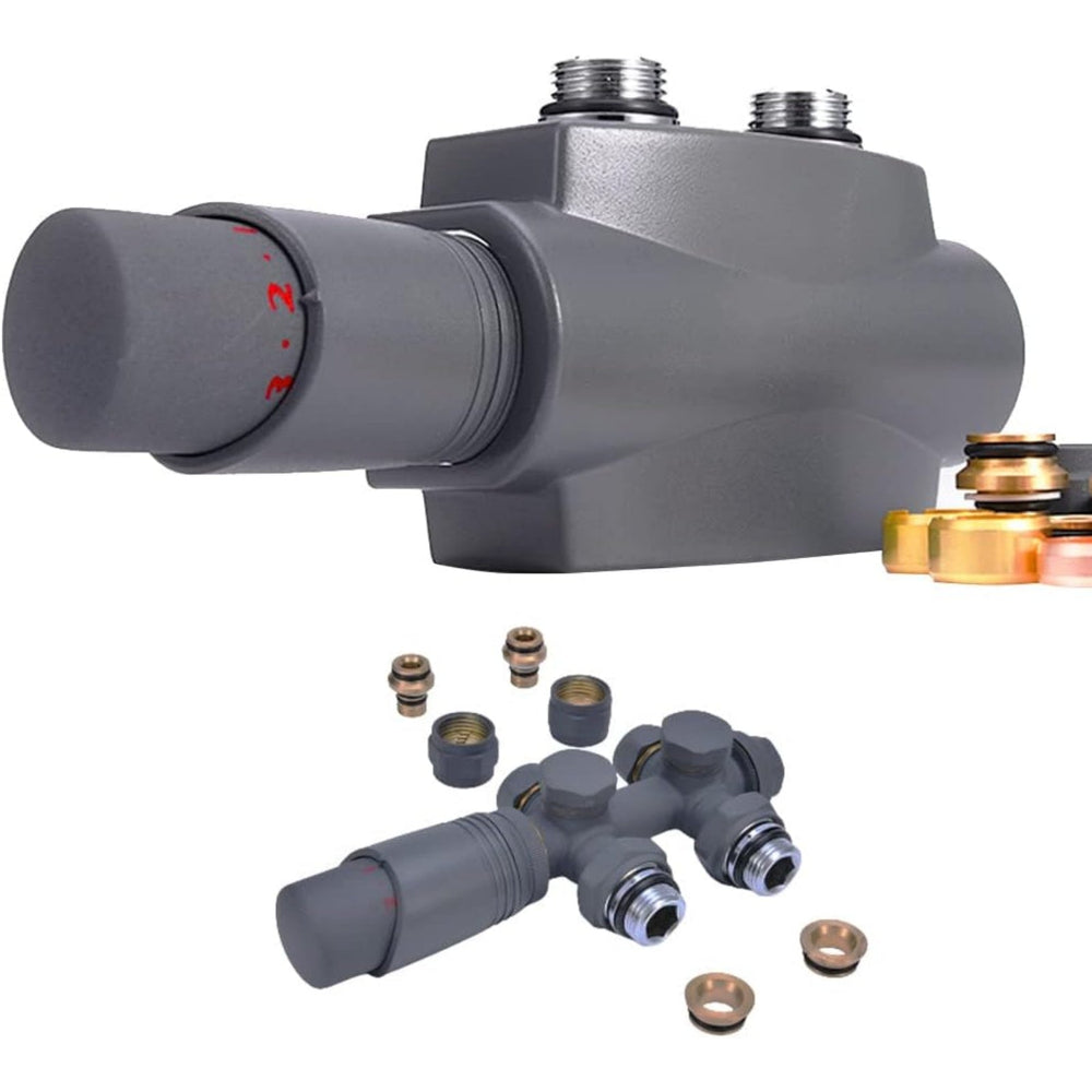 Zwart messing radiatorventielset met thermostaat – 1/2" & 3/4" aansluitingen