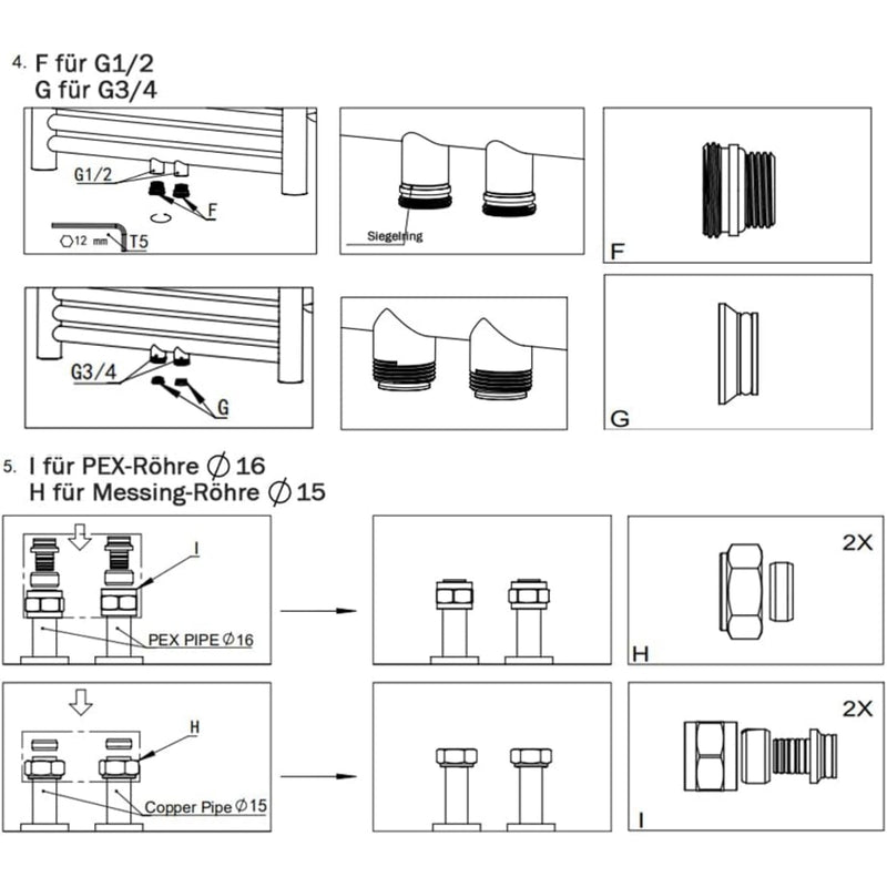Messing Heizkörper Ventilset Schwarz mit Thermostat – 1/2" & 3/4" Anschlüsse
