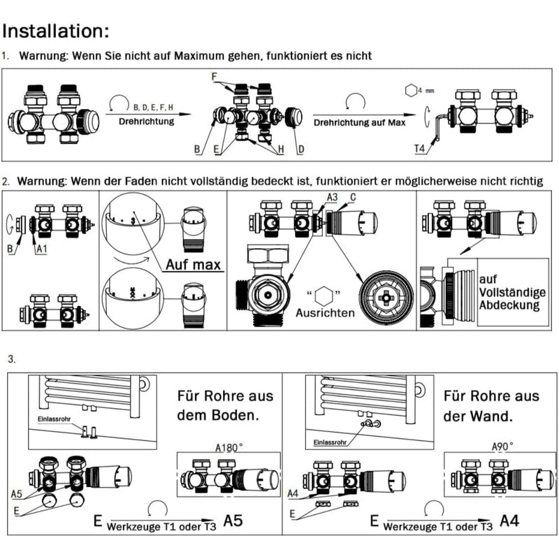 Messing Heizkörper Ventilset Schwarz mit Thermostat – 1/2" & 3/4" Anschlüsse