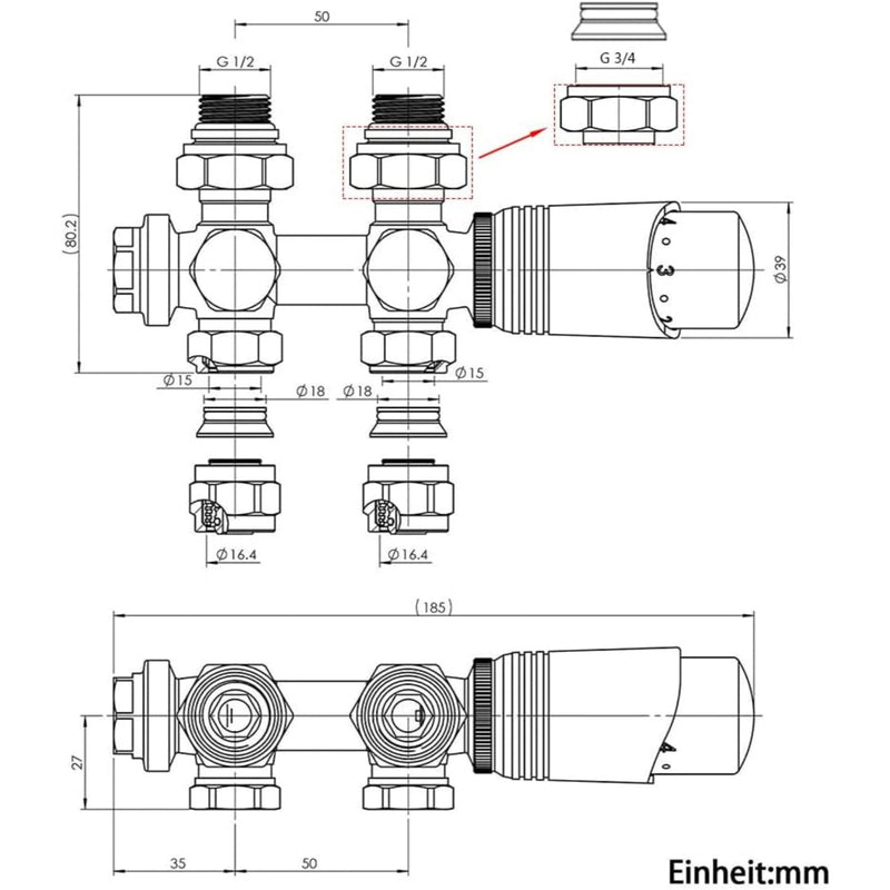 Messing Heizkörper Ventilset Schwarz mit Thermostat – 1/2" & 3/4" Anschlüsse