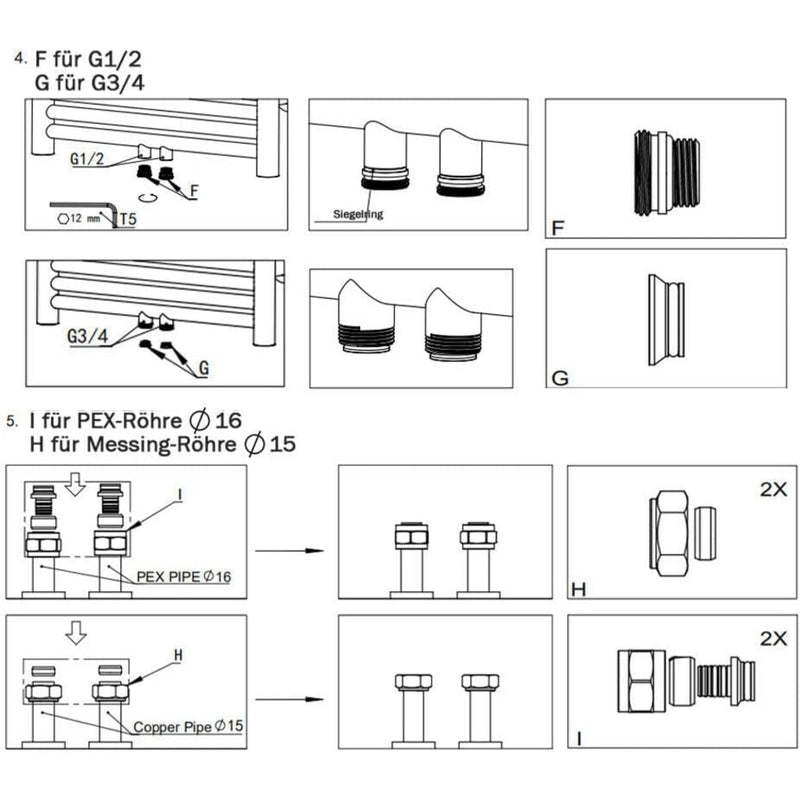 Messing Heizkörper Ventilset Weiß mit Thermostat – 1/2" & 3/4" Anschlüsse